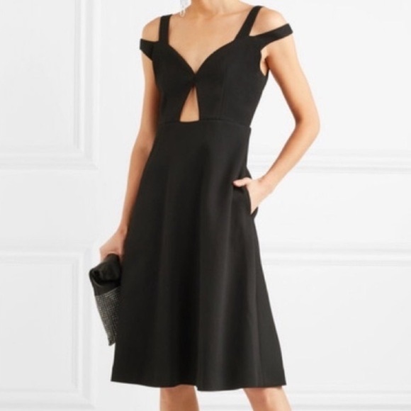 Carven Lys Double Strap Cut Out Keyhole Dress Black Midi Fit Flare Party Sz 40 - Picture 1 of 14